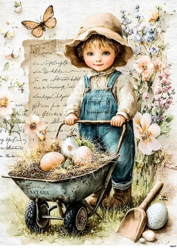 Papier ryżowy do decoupage A5 Wielkanoc - chłopiec i taczka z jajkami retro 16837