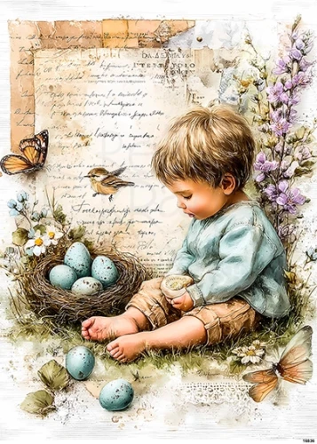 Papier ryżowy do decoupage A5 Wielkanoc - dziecko i gniazdo z jajkami retro 16836
