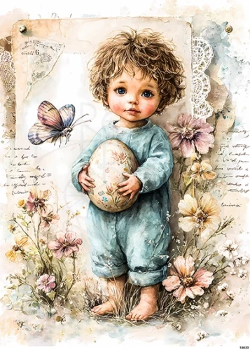 Papier ryżowy do decoupage A5 Wielkanoc - dziecko i duże jajko retro 16833