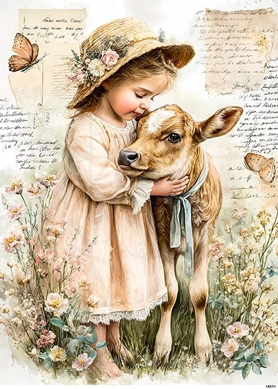 Papier ryżowy do decoupage A5 Dziewczynka i cielaczek retro 16831