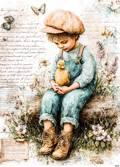 Papier ryżowy do decoupage A5 Chłopiec i kaczuszka retro 16829