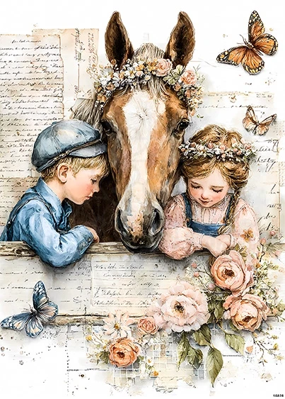 Papier ryżowy do decoupage A5 Dzieci koń i kwiaty retro 16828