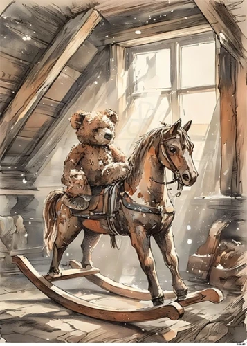 Papier ryżowy do decoupage A5 Miś i konik na biegunach retro 16641