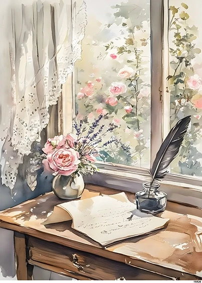 Papier ryżowy do decoupage A5 Okno list i pióro w kałamarzu 16426