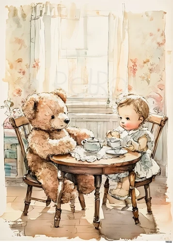 Papier ryżowy do decoupage A5 Dziewczynka i miś przy stole retro 16322