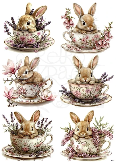 Papier ryżowy do decoupage A4 Wielkanoc - królik w filiżance 4121