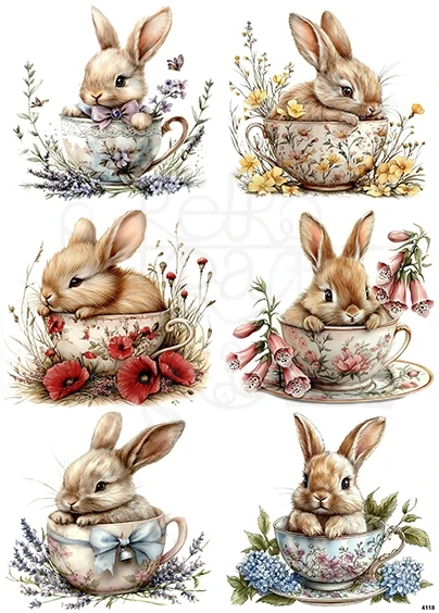 Papier ryżowy do decoupage A4 Wielkanoc - królik w filiżance 4118