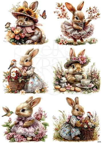 Papier ryżowy do decoupage A4 Wielkanoc - zajączek i kwiaty 4115