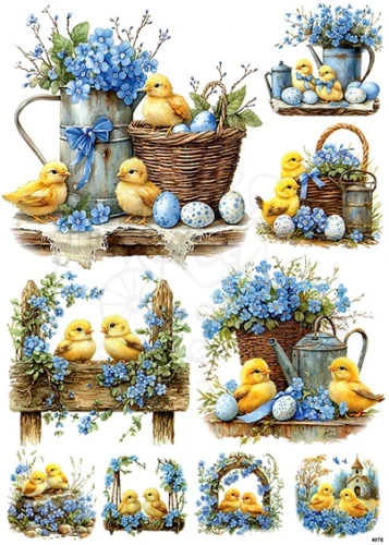 Papier ryżowy do decoupage A4 Wielkanoc - kurczaczek i kwiaty niezapominajki 4076