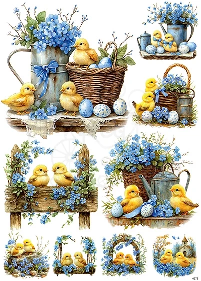 Papier ryżowy do decoupage A4 Wielkanoc - kurczaczek i kwiaty niezapominajki 4076