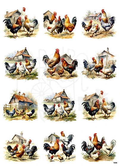 Papier ryżowy do decoupage A4 Kury i koguty 1936