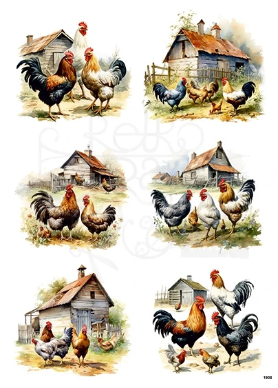 Papier ryżowy do decoupage A4 Kury i koguty 1935