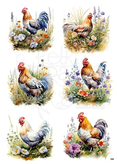 Papier ryżowy do decoupage A4 Kogut i kwiaty 1884