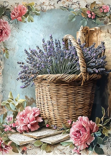 Papier ryżowy do decoupage A5 Lawenda w koszu retro 11494
