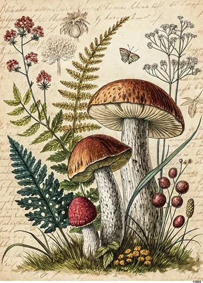 Papier ryżowy do decoupage A5 Grzyby i liście paproci retro 17651