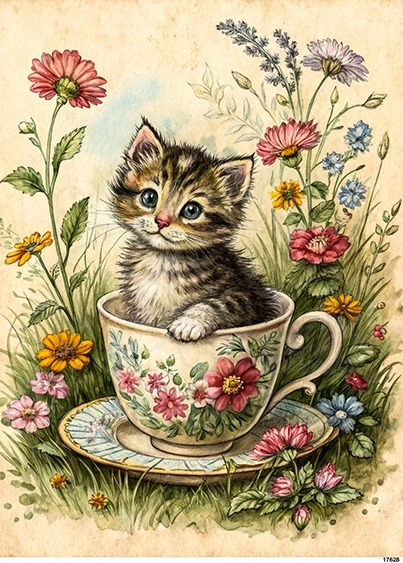 Papier ryżowy do decoupage A5 Kot w filiżance i kwiaty 17629