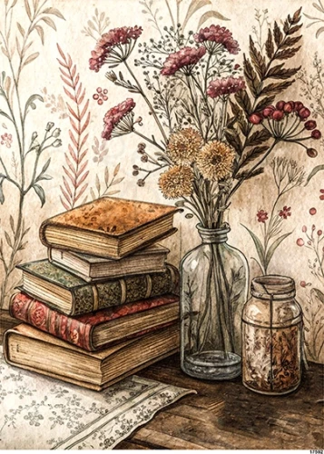 Papier ryżowy do decoupage A5 Książki i kwiaty w butelce retro 17592