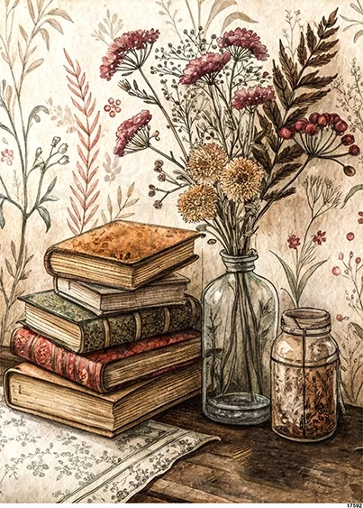 Papier ryżowy do decoupage A5 Książki i kwiaty w butelce retro 17592