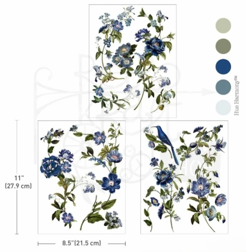 Rub-on Decor Transfer Middy 21.5x27.9cm Blue Nest Blooms 3 arkusze 681913 Prima
