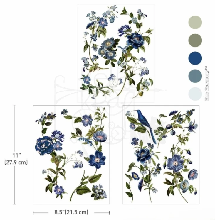 Rub-on Decor Transfer Middy 21.5x27.9cm Blue Nest Blooms 3 arkusze 681913 Prima