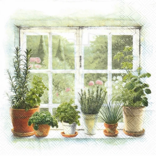 Serwetka 33x33 - Zioła w doniczkach na parapecie