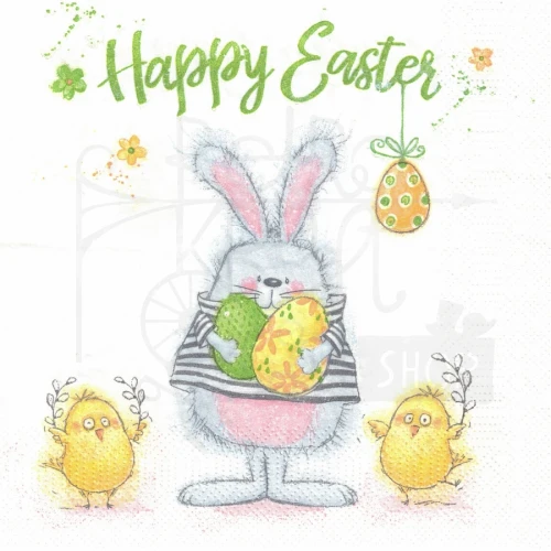 Serwetka 33x33 - Happy Easter - zajączek z jajkami i kurczaki