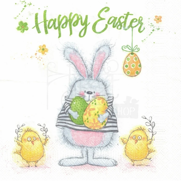 Serwetka 33x33 - Happy Easter - zajączek z jajkami i kurczaki