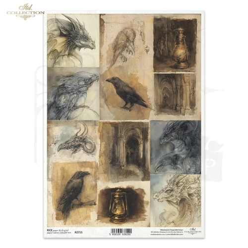 Papier ryżowy do decoupage A4 Smoki i kruki R2715 ITD Collection