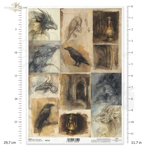 Papier ryżowy do decoupage A4 Smoki i kruki R2715 ITD Collection