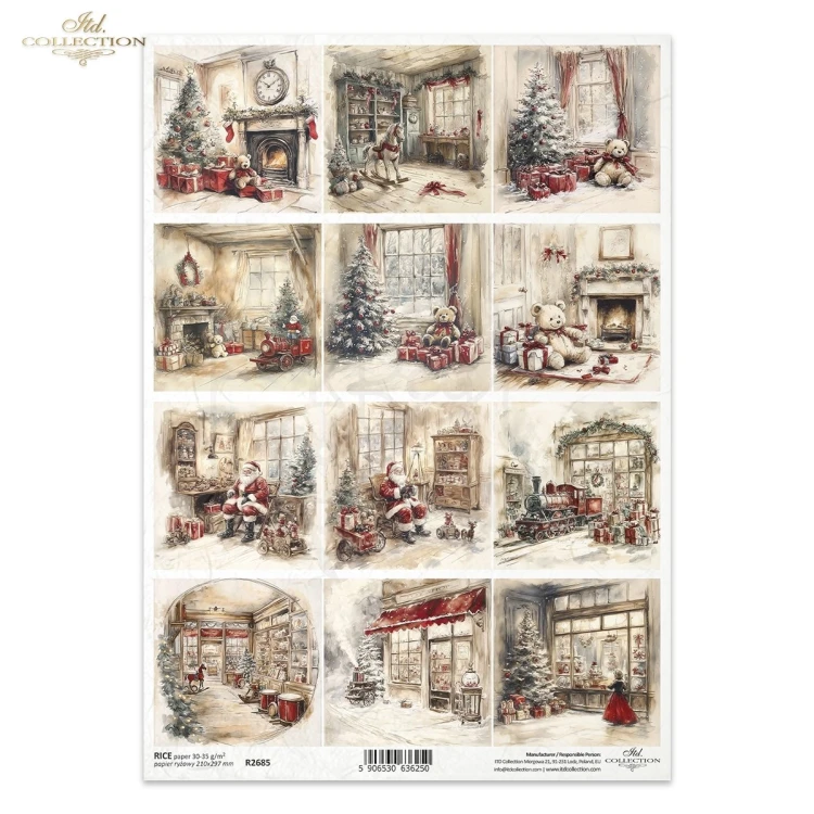 Papier ryżowy do decoupage A4 Boże Narodzenie - Święty Mikołaj i zabawki R2685 ITD Collection