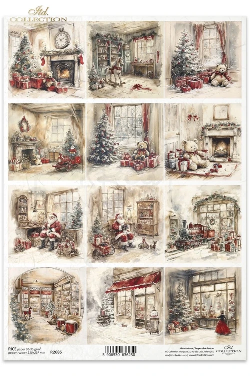 Papier ryżowy do decoupage A4 Boże Narodzenie - Święty Mikołaj i zabawki R2685 ITD Collection