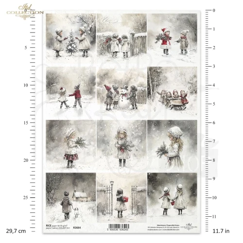 Papier ryżowy do decoupage A4 Zabawy dzieci na śniegu retro R2684 ITD Collection