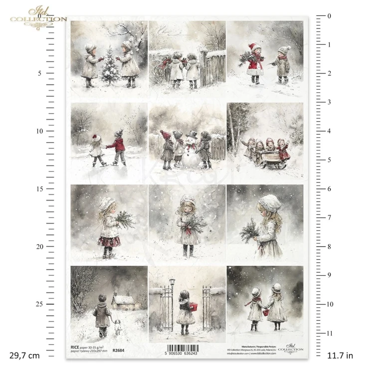 Papier ryżowy do decoupage A4 Zabawy dzieci na śniegu retro R2684 ITD Collection