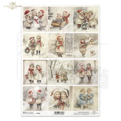 Papier ryżowy do decoupage A4 Zabawy dzieci na śniegu retro R2683 ITD Collection