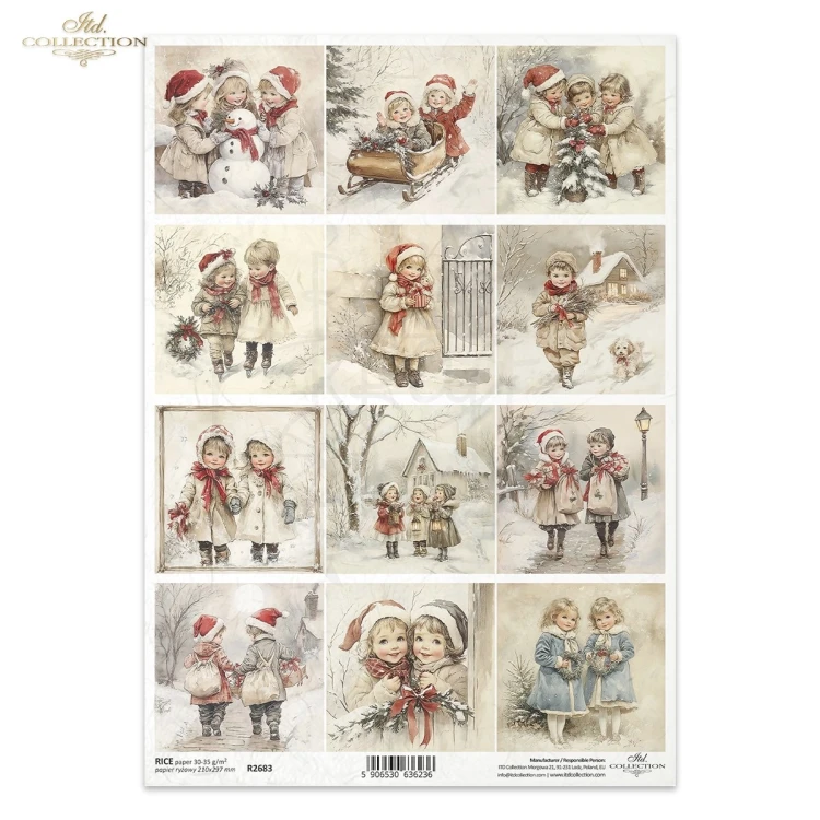 Papier ryżowy do decoupage A4 Zabawy dzieci na śniegu retro R2683 ITD Collection