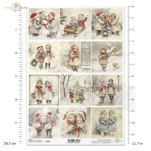Papier ryżowy do decoupage A4 Zabawy dzieci na śniegu retro R2683 ITD Collection