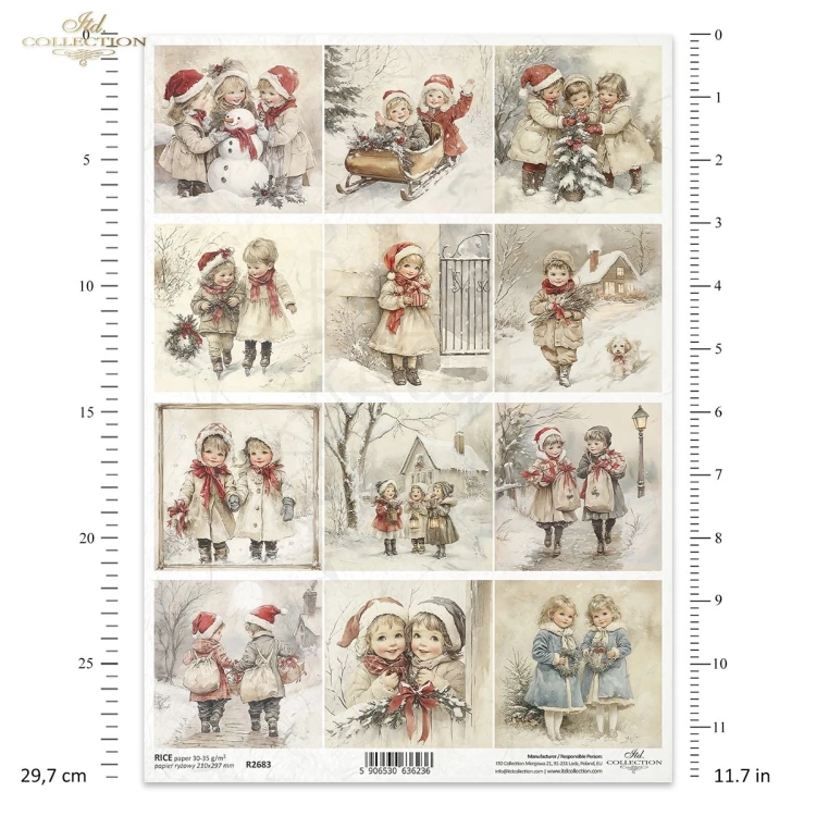 Papier ryżowy do decoupage A4 Zabawy dzieci na śniegu retro R2683 ITD Collection