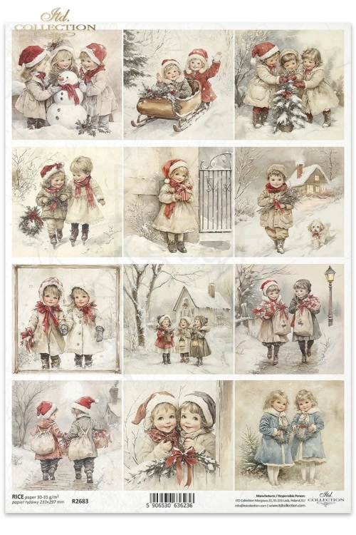 Papier ryżowy do decoupage A4 Zabawy dzieci na śniegu retro R2683 ITD Collection