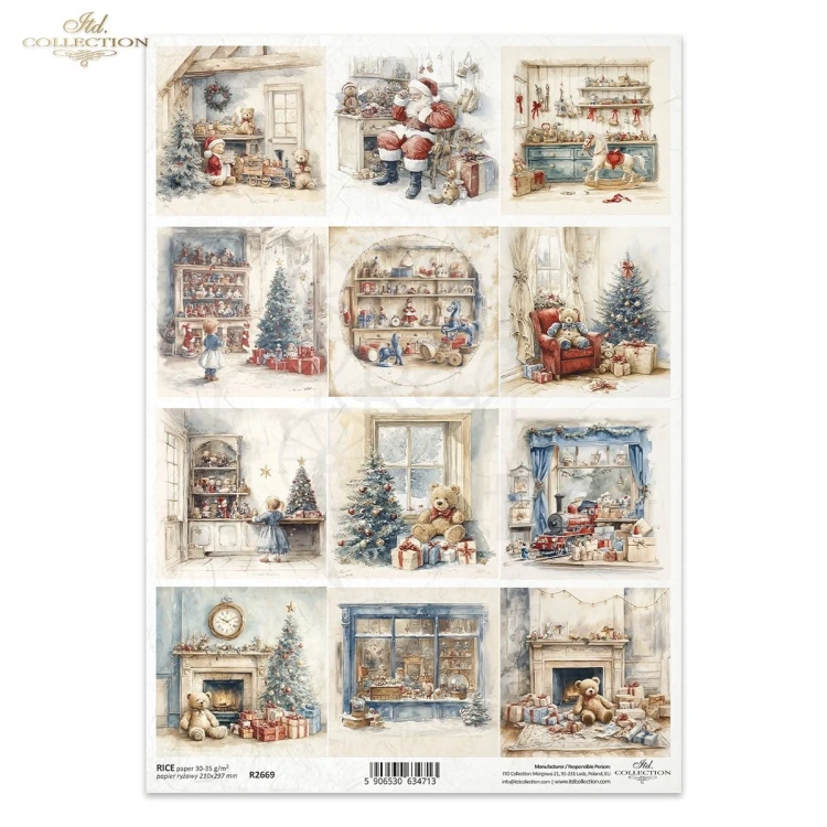 Papier ryżowy do decoupage A4 Boże Narodzenie - Święty Mikołaj i zabawki R2669 ITD Collection