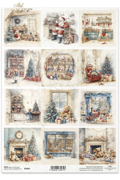 Papier ryżowy do decoupage A4 Boże Narodzenie - Święty Mikołaj i zabawki R2669 ITD Collection