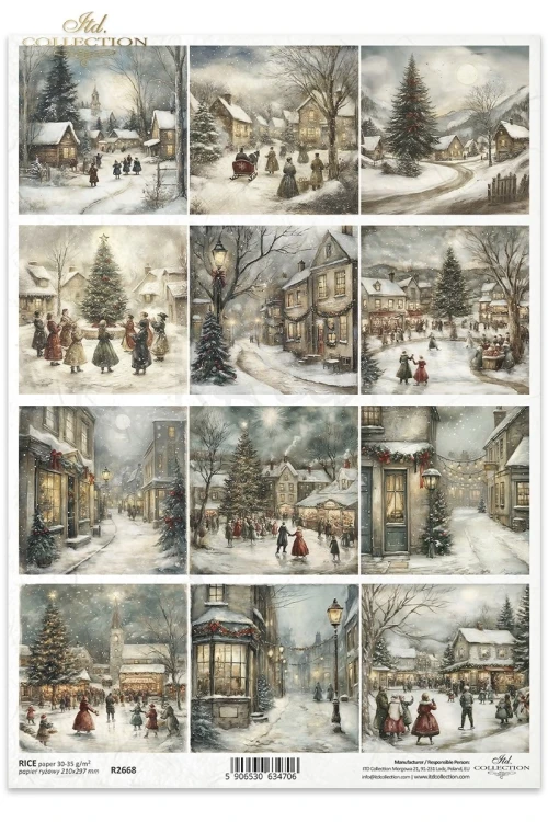 Papier ryżowy do decoupage A4 Zimowe miasteczko retro R2668 ITD Collection