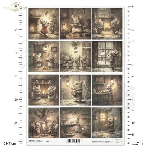 Papier ryżowy do decoupage A4 Zimowe myszki retro R2667 ITD Collection