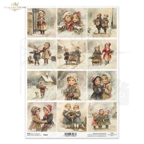Papier ryżowy do decoupage A4 Zabawy dzieci na śniegu retro R2665 ITD Collection