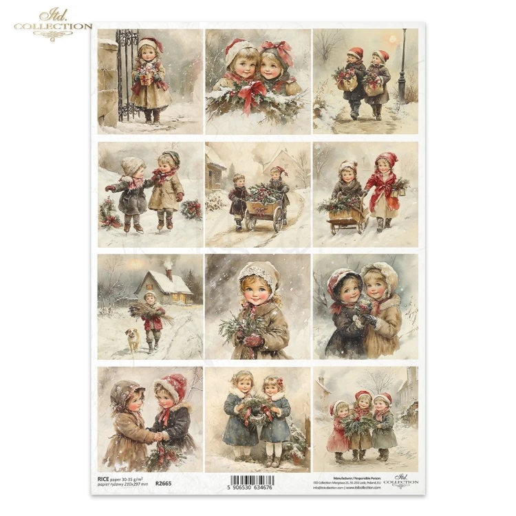 Papier ryżowy do decoupage A4 Zabawy dzieci na śniegu retro R2665 ITD Collection