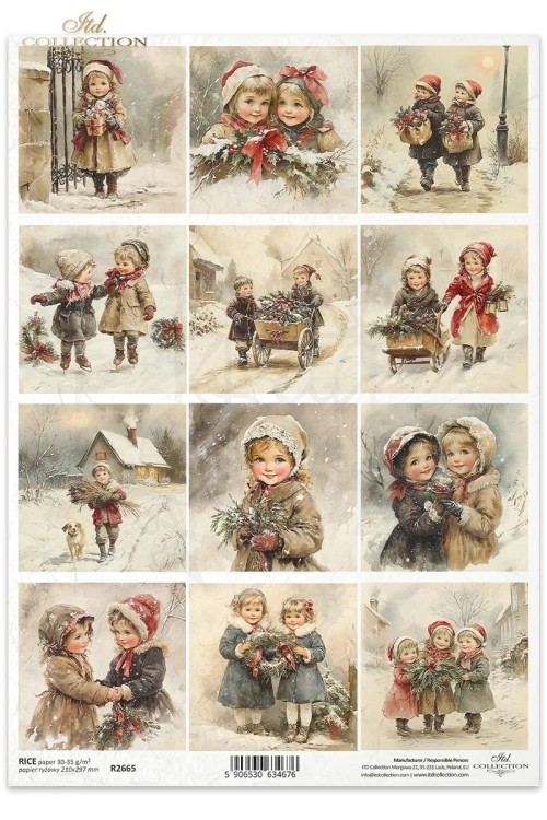 Papier ryżowy do decoupage A4 Zabawy dzieci na śniegu retro R2665 ITD Collection