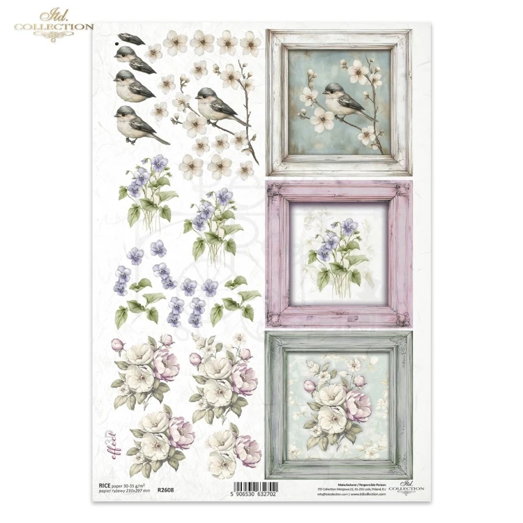 Papier ryżowy do decoupage A4 Kwiaty i ramki R2608 ITD Collection