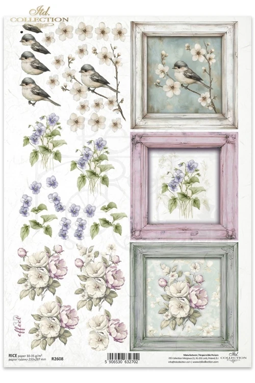 Papier ryżowy do decoupage A4 Kwiaty i ramki R2608 ITD Collection