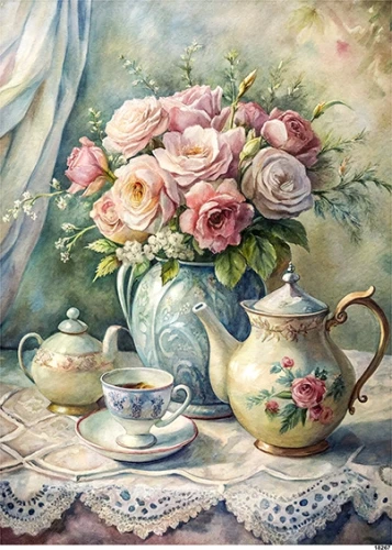 Papier ryżowy do decoupage A5 Imbryk filiżanki i kwiaty retro 18267