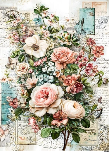 Papier ryżowy do decoupage A5 Kwiaty i listy retro 17746