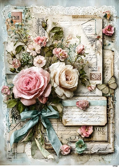 Papier ryżowy do decoupage A5 Kwiaty i listy retro 17741